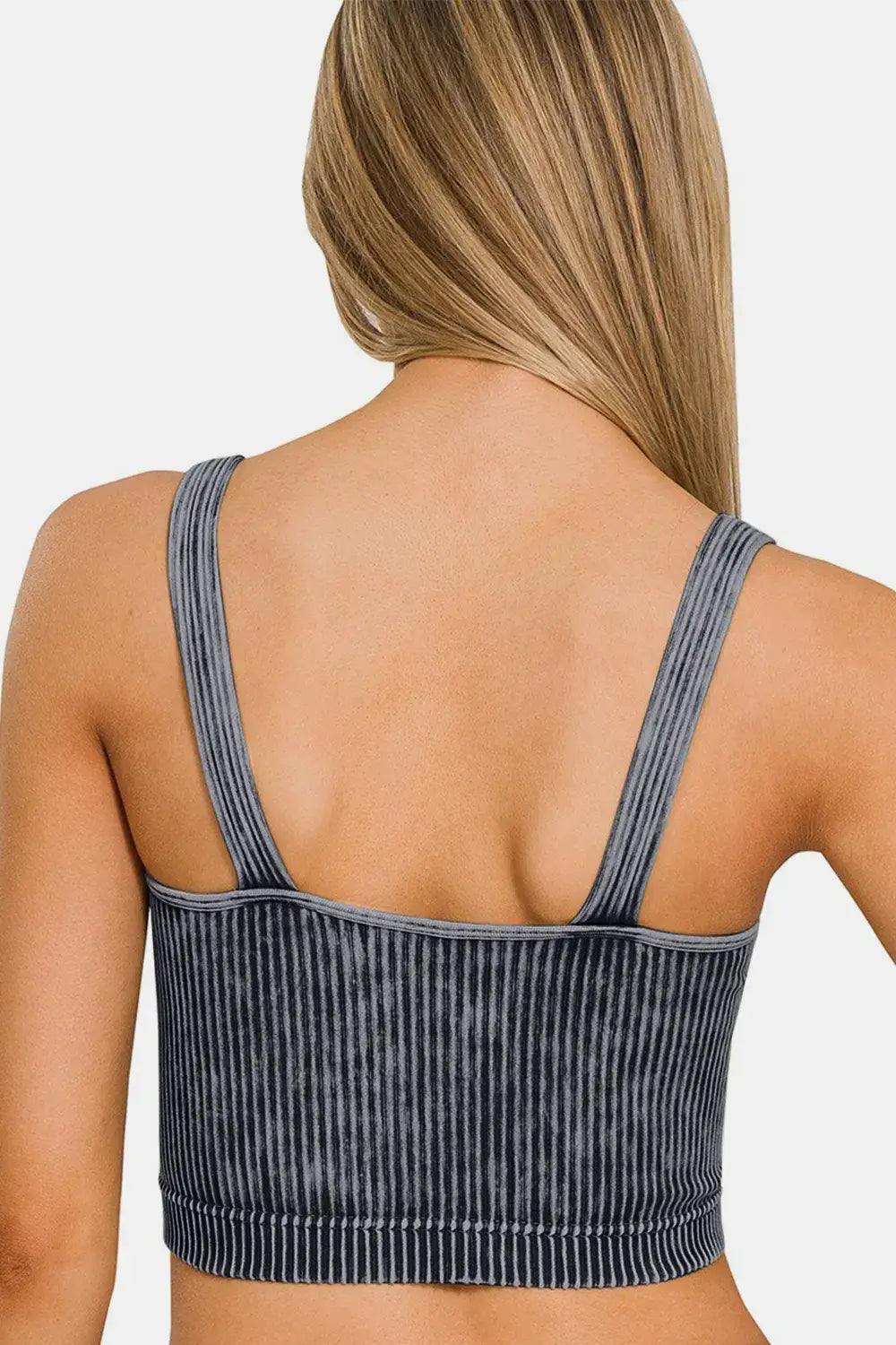Blue washed ribbed cropped V-neck tank top with thin straps and ribbed texture