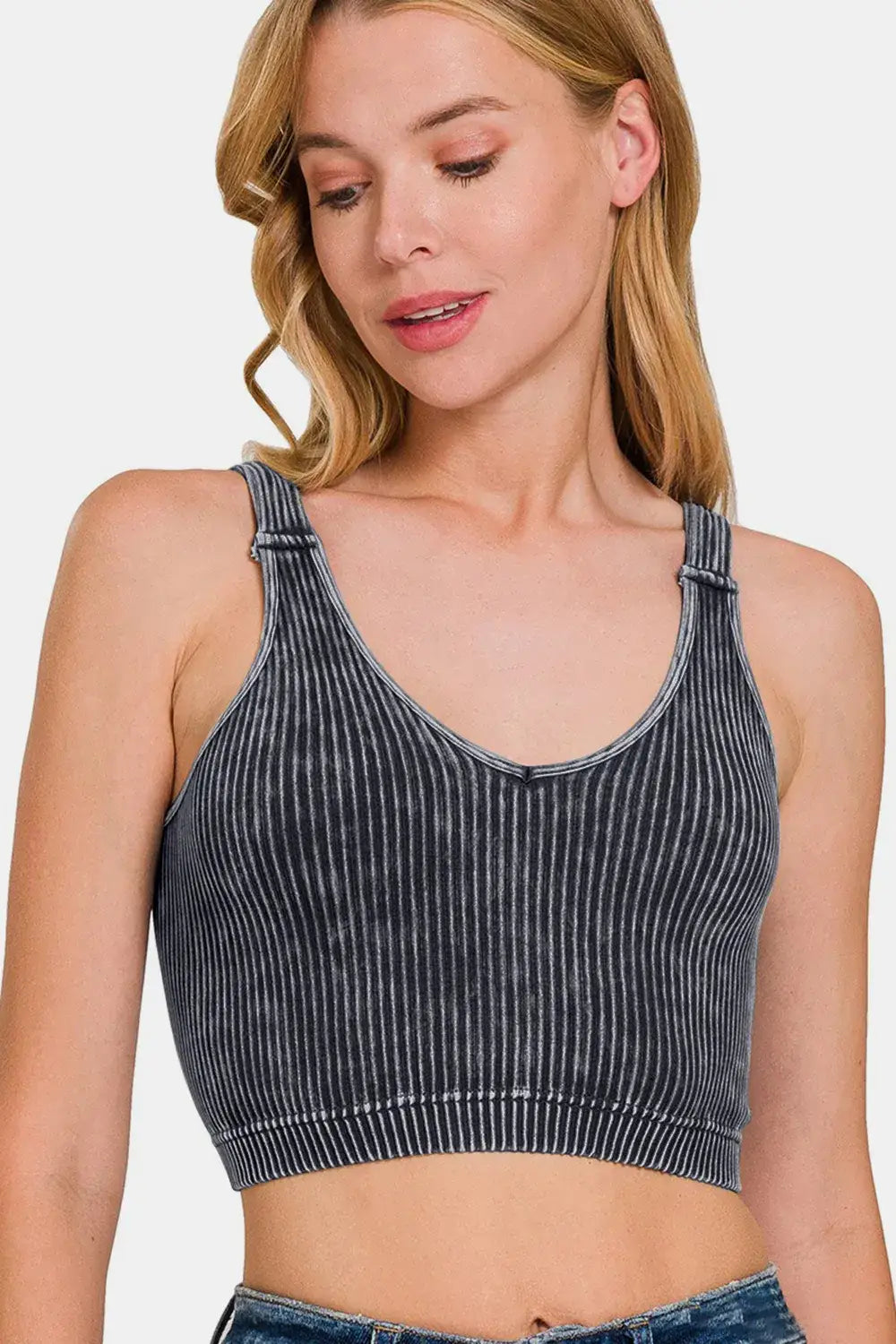 Blue and white striped washed ribbed cropped tank top with adjustable straps