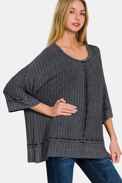 Charcoal gray striped knit top with drop shoulder and washed ribbed drop design