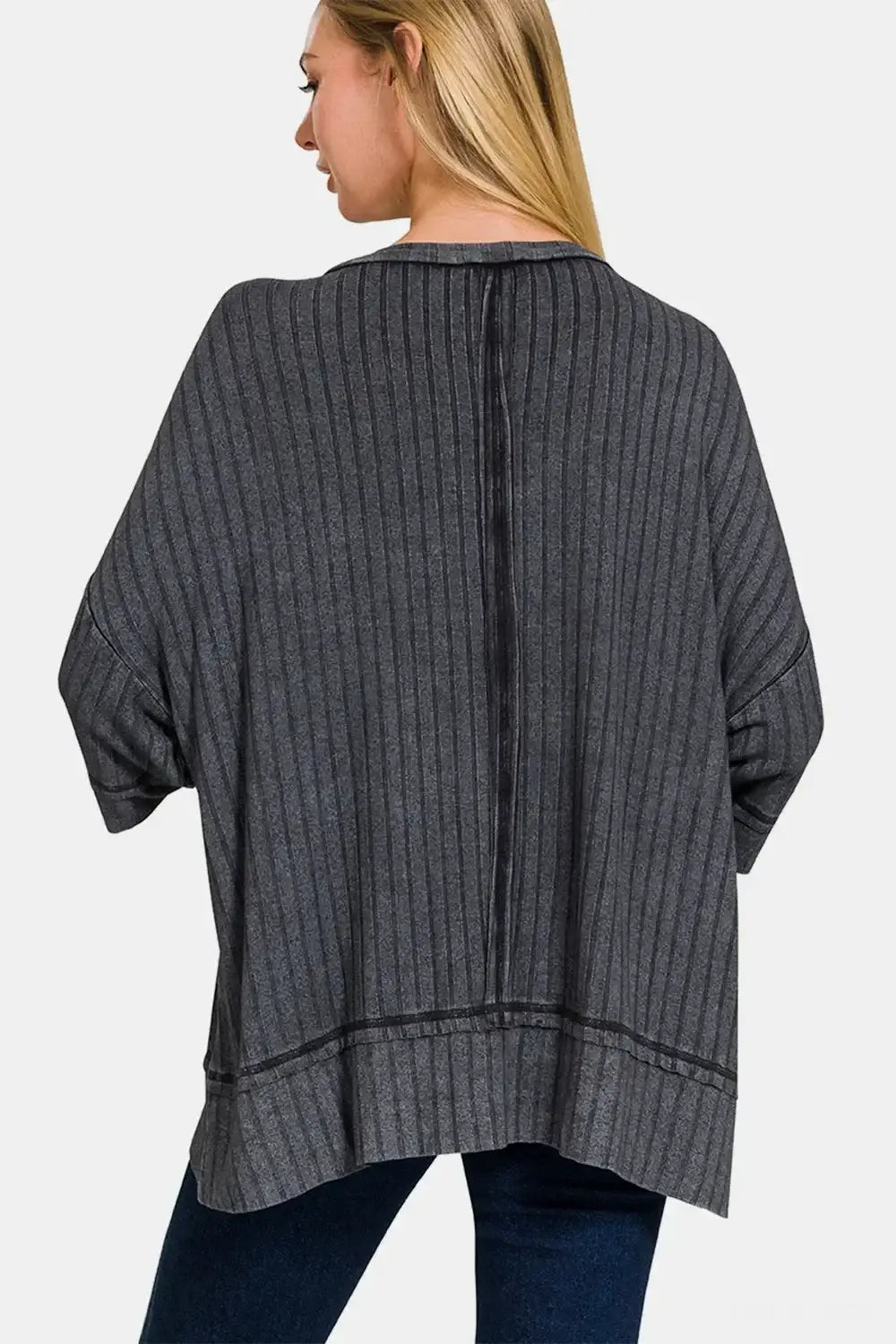 Charcoal gray washed ribbed drop shoulder oversized sweater with black trim and round neckline