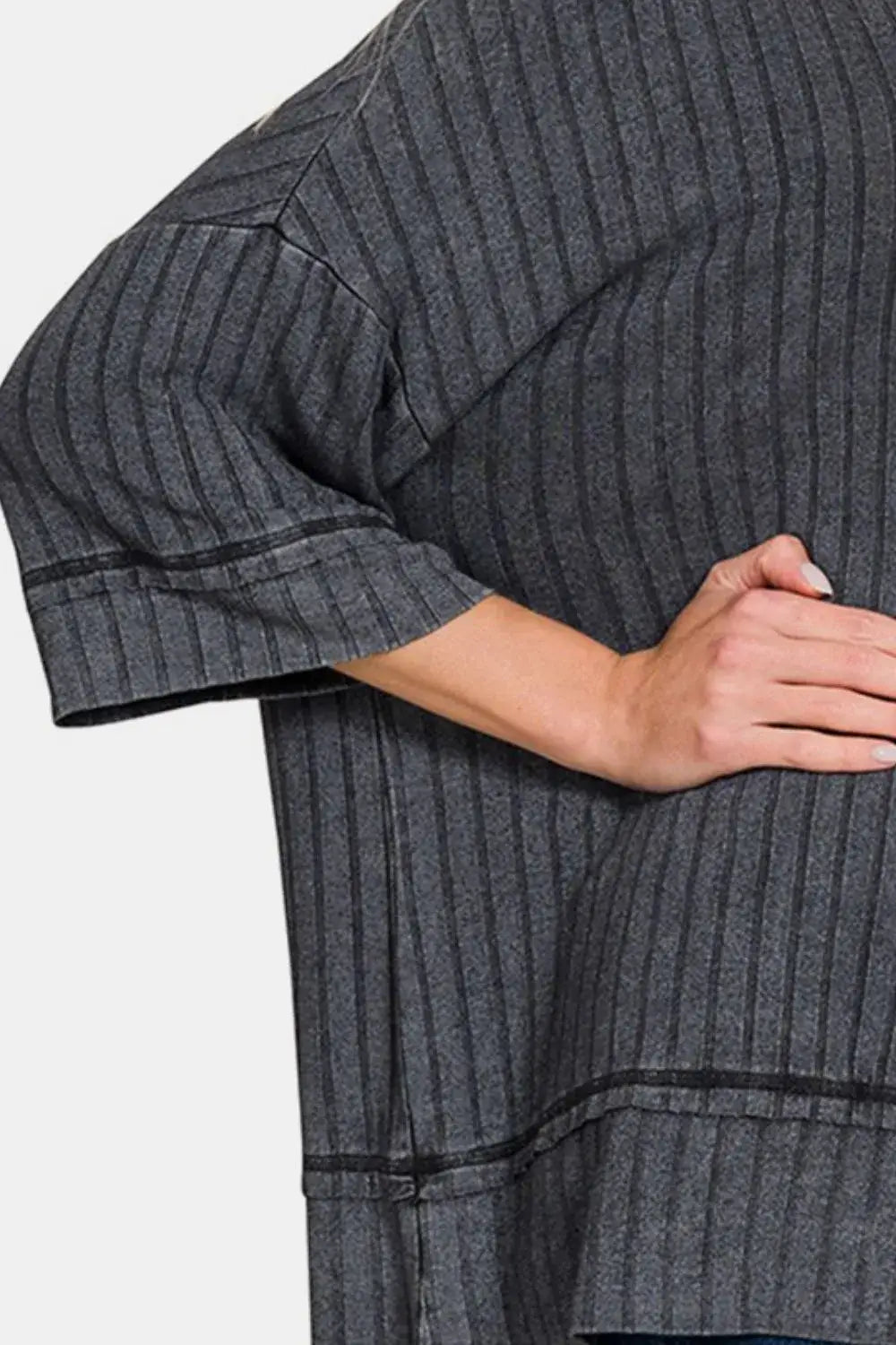 Charcoal striped linen top with a relaxed fit and drop shoulder design