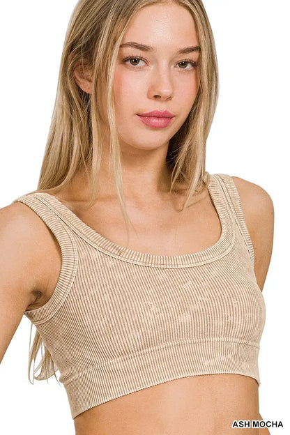Zenana Washed Ribbed Scoop Neck Seamless Tank Top - Neck Seamless Tank Top