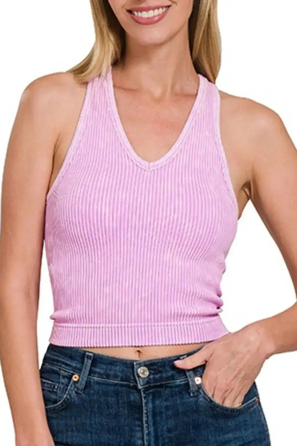 Lavender Zenana washed ribbed seamless crop top with racerback design and padded V-neck