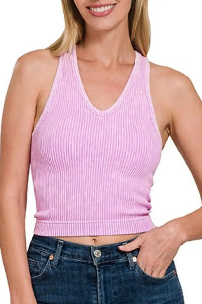 Lavender Zenana washed ribbed seamless crop top with racerback design and padded V-neck