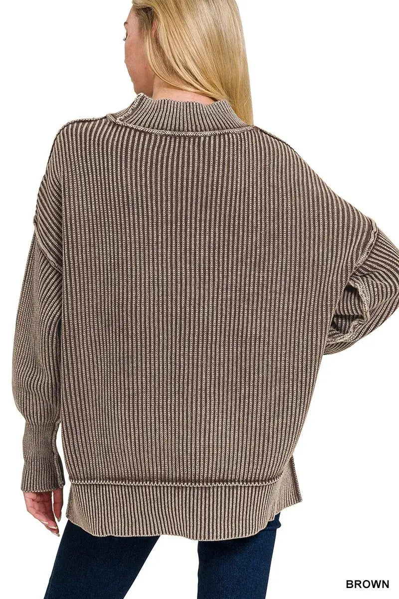 Zenana Washed Side Slit Oversized Sweater - Oversized Sweater