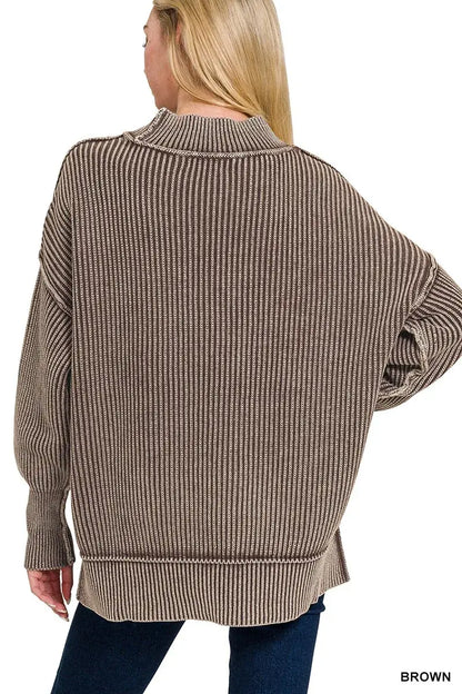 Zenana Washed Side Slit Oversized Sweater - Oversized Sweater