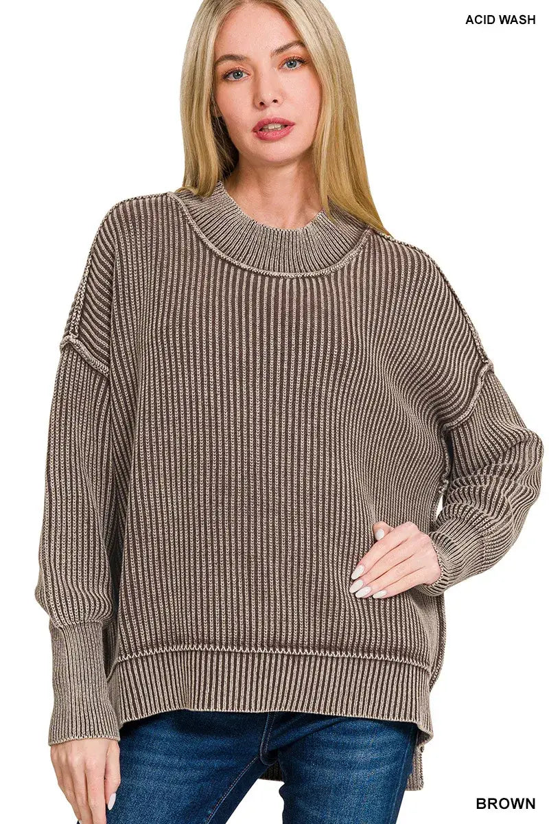 Zenana Washed Side Slit Oversized Sweater - BROWN / S/M - Oversized Sweater