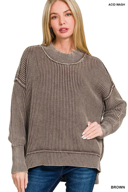 Zenana Washed Side Slit Oversized Sweater - BROWN / S/M - Oversized Sweater