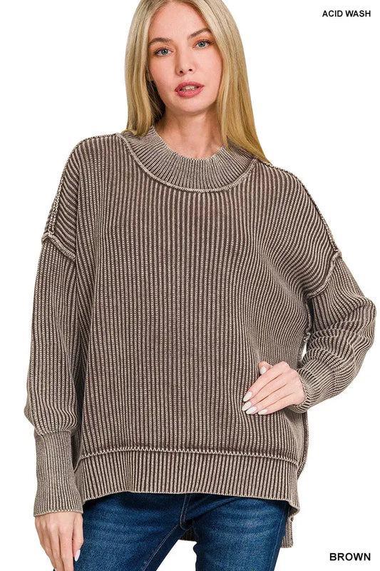 Zenana Washed Side Slit Oversized Sweater - BROWN / S/M - Oversized Sweater