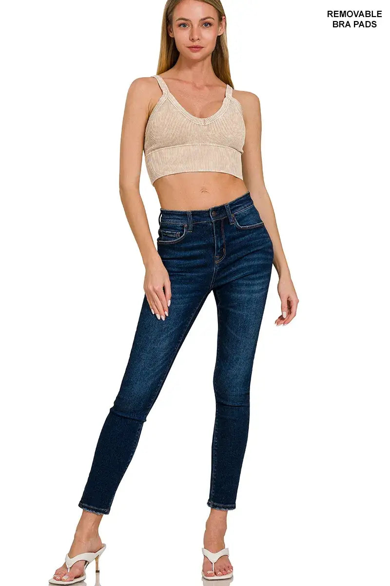 Zenana Washed V Neck Seamless Cropped Bra Top - Cropped Bra Top