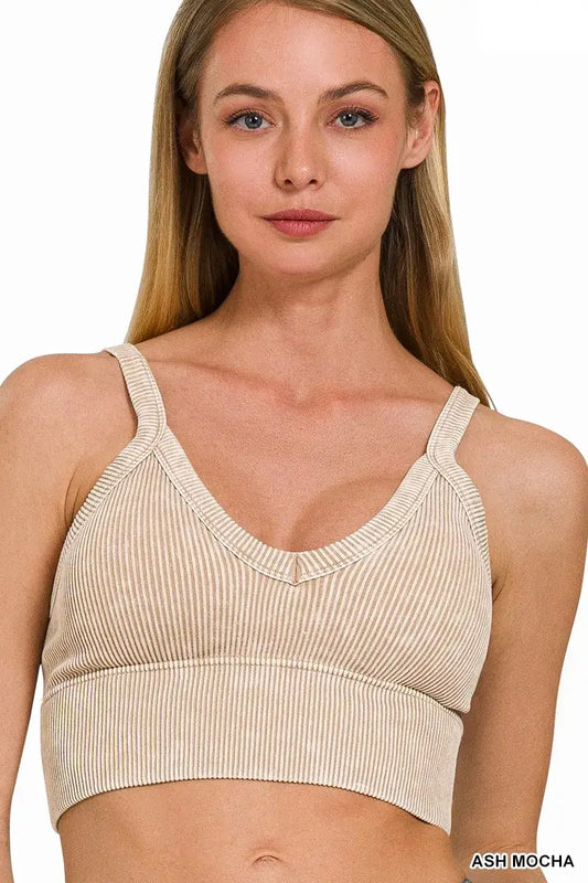 Zenana Washed V Neck Seamless Cropped Bra Top - ASH MOCHA / S/M - Cropped Bra Top