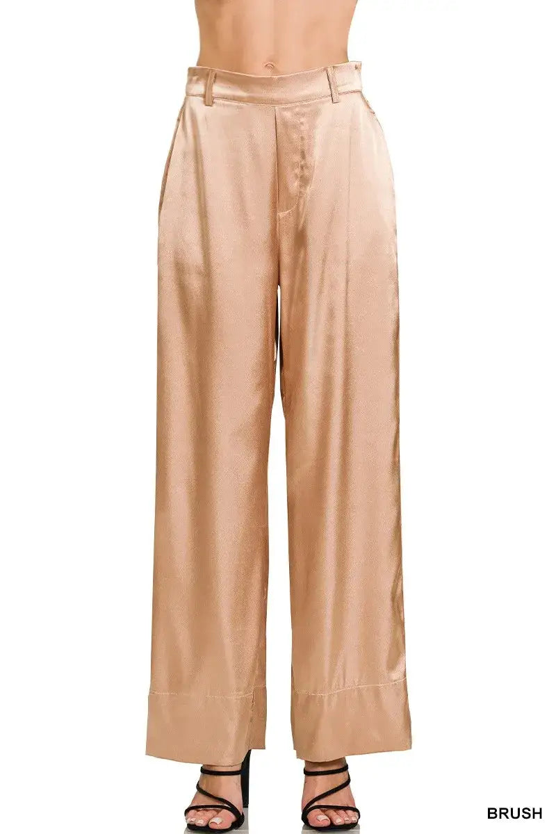 Gold satin wide-leg pants with high waist and button detail from Zenana Wide-Leg Satin Pants