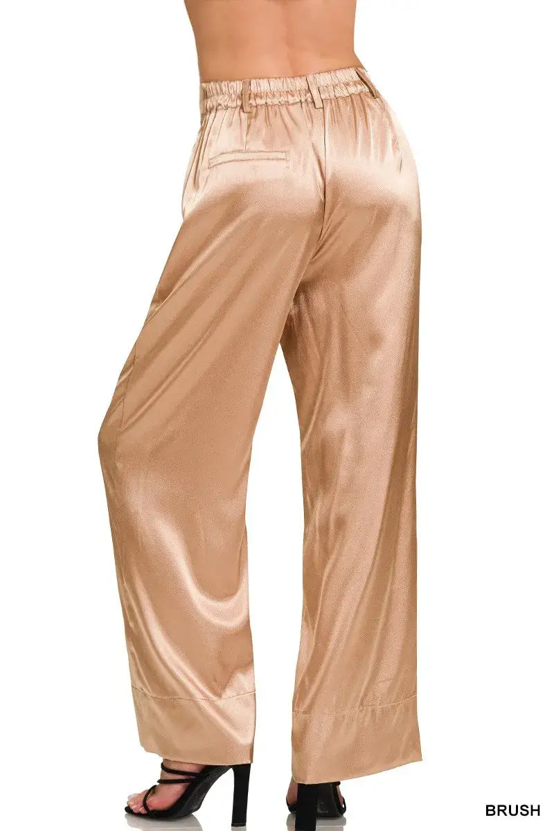 Zenana Wide-Leg Satin Pants with elastic waistband and side pockets in satin gold
