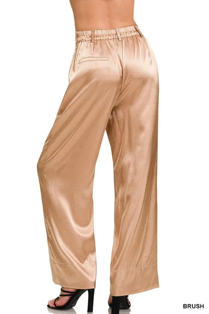 Zenana Wide-Leg Satin Pants with elastic waistband and side pockets in satin gold