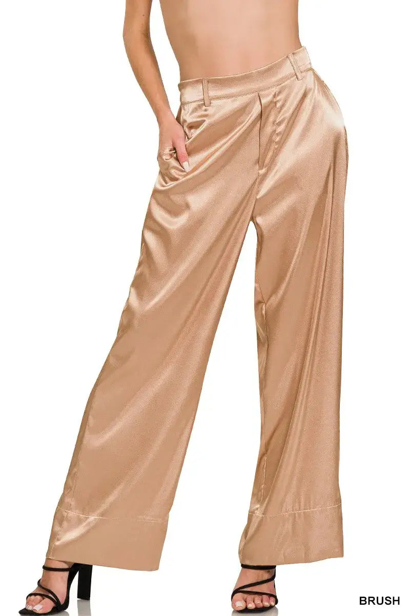 Gold satin wide-leg pants with high waist and pockets from Zenana Wide-Leg Satin Pants