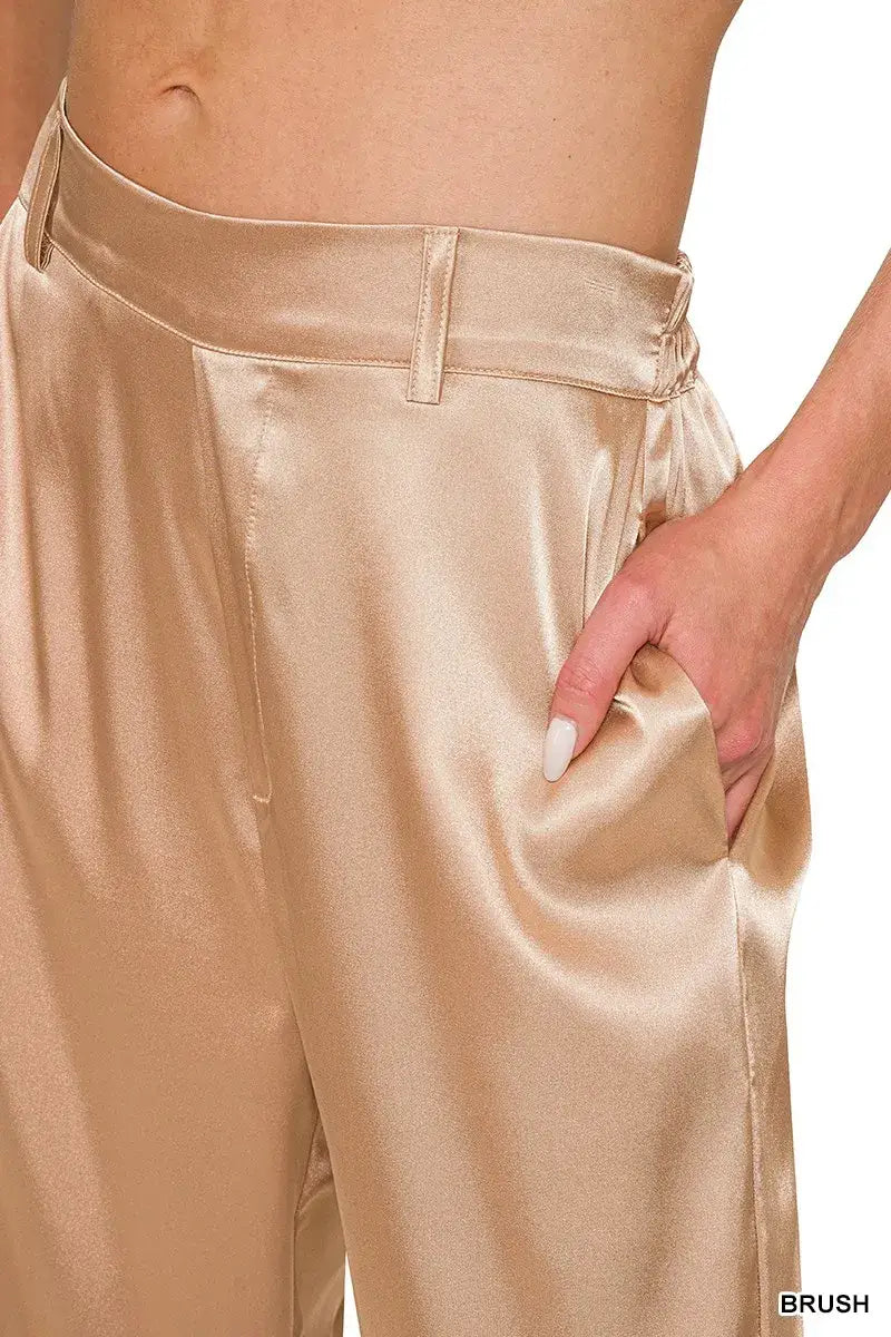 Zenana Wide-Leg Satin Pants with high waist and belt loops in elegant satin gold