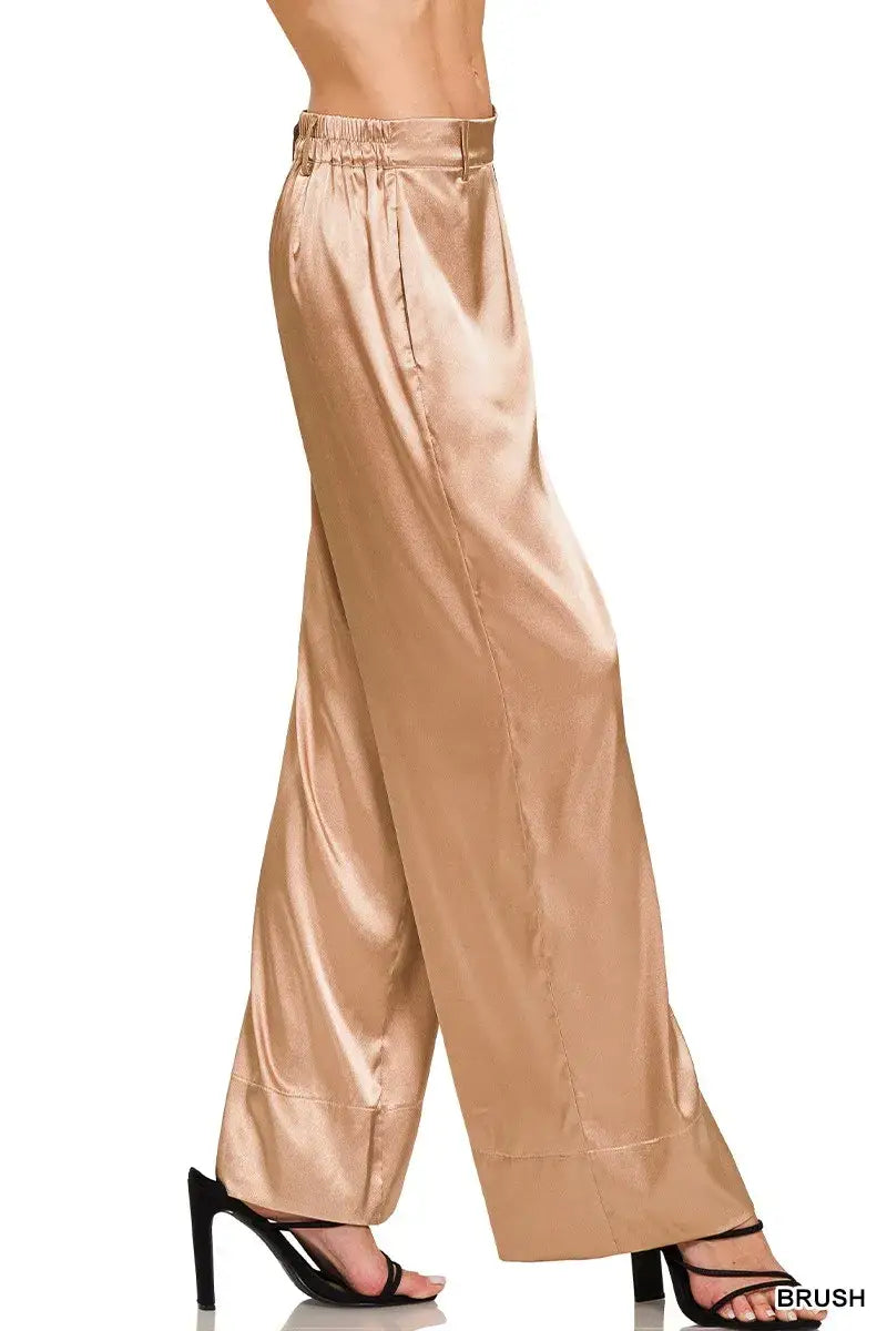 Gold satin wide-leg pants with high waist and elastic band from Zenana Wide-Leg Satin Pants