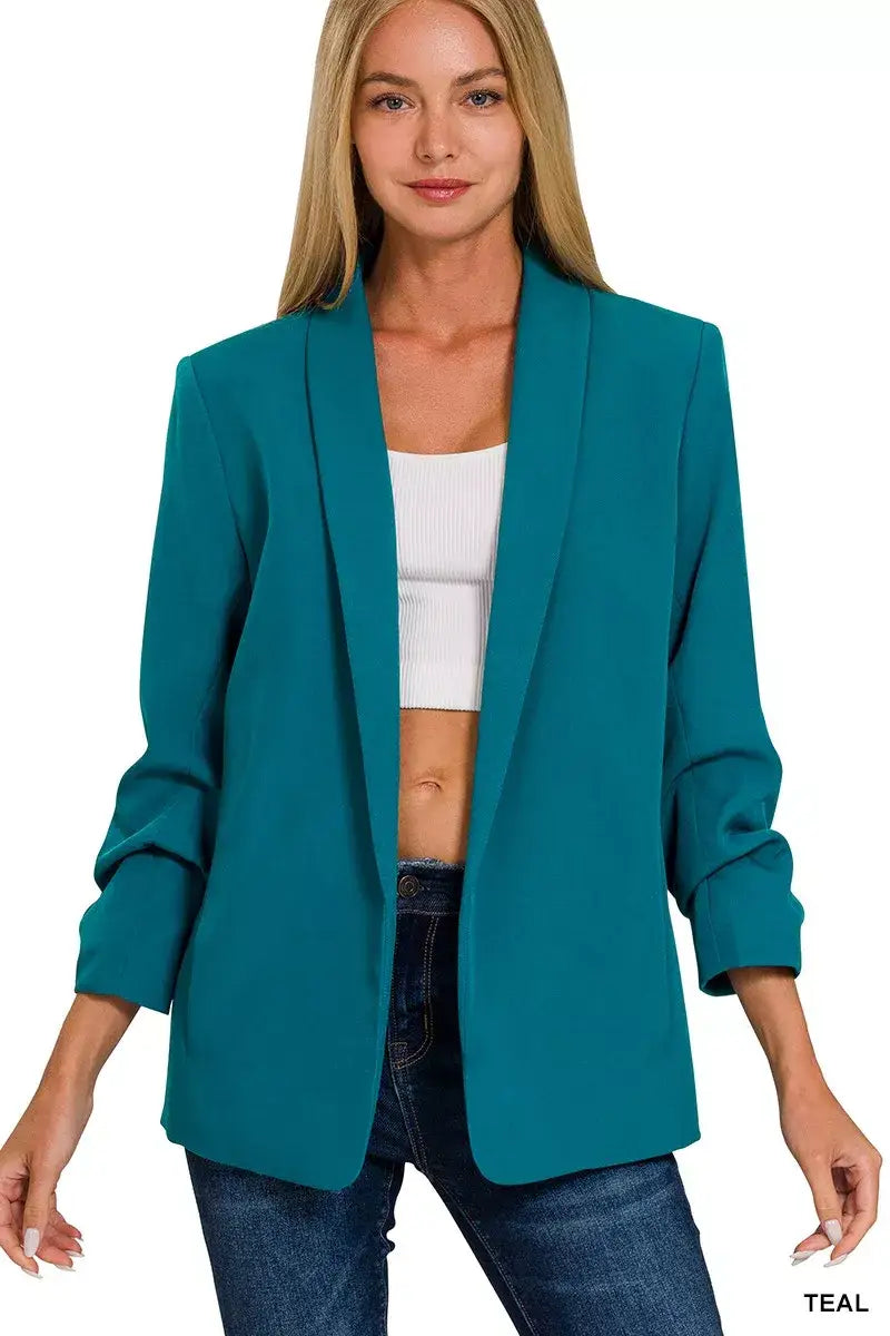 Zenana Woven 3/4 Ruched Sleeve Open Front Classic Blazer - Sleeve Open Front Classic Blazer