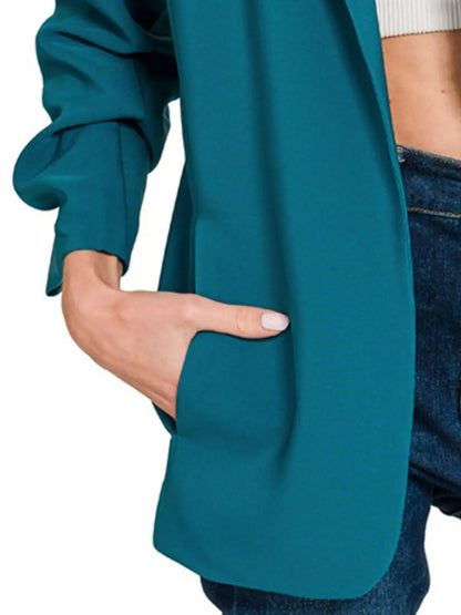 Zenana Woven 3/4 Ruched Sleeve Open Front Classic Blazer - Sleeve Open Front Classic Blazer