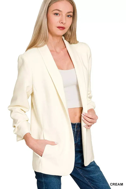 Zenana Woven 3/4 Ruched Sleeve Open Front Classic Blazer - CREAM / S - Classic Blazer