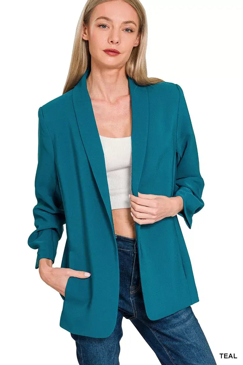 Zenana Woven 3/4 Ruched Sleeve Open Front Classic Blazer - TEAL / S - Sleeve Open Front Classic Blazer