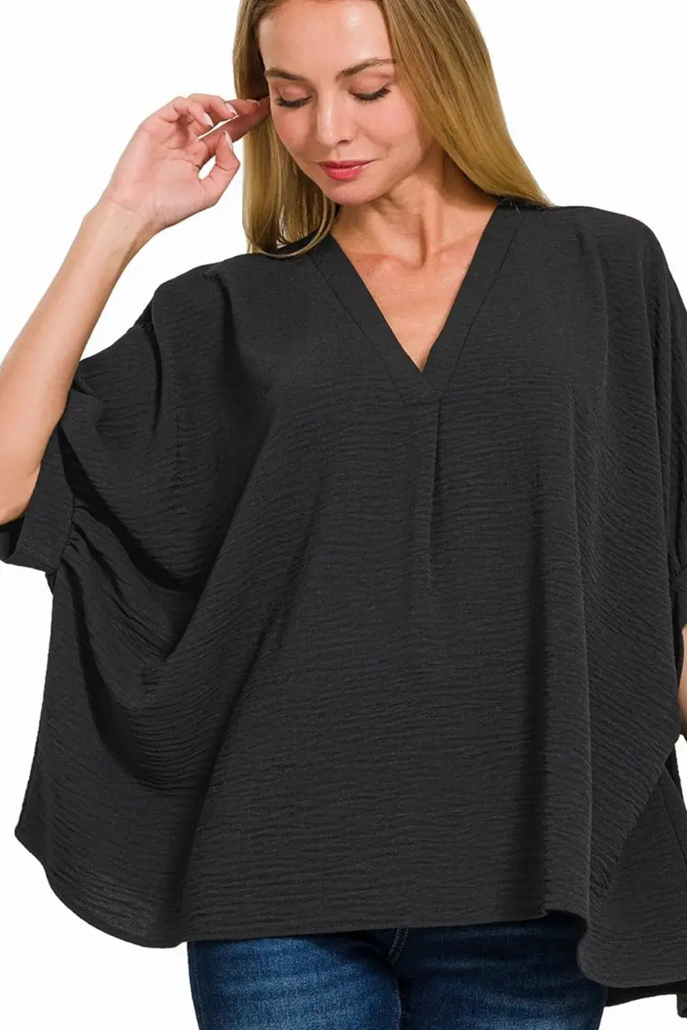 Black textured Zenana Woven Airflow V-neck puff half sleeve top with batwing sleeves