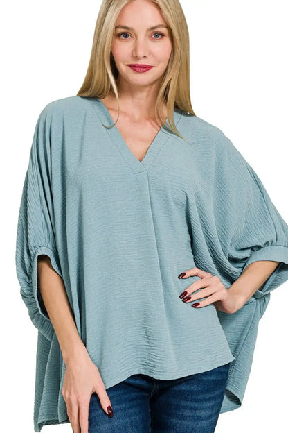 Sage green Zenana woven airflow puff half sleeve blouse with textured fabric and v-neck