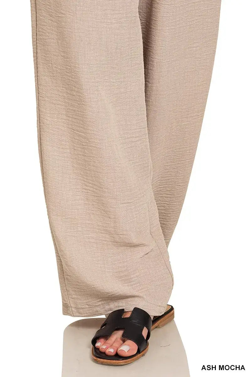 Zenana Woven Crepe Elastic Band Pants