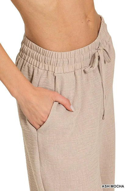 Zenana Woven Crepe Elastic Band Pants