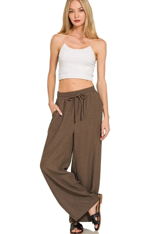 Zenana Woven Crepe Elastic Band Pants