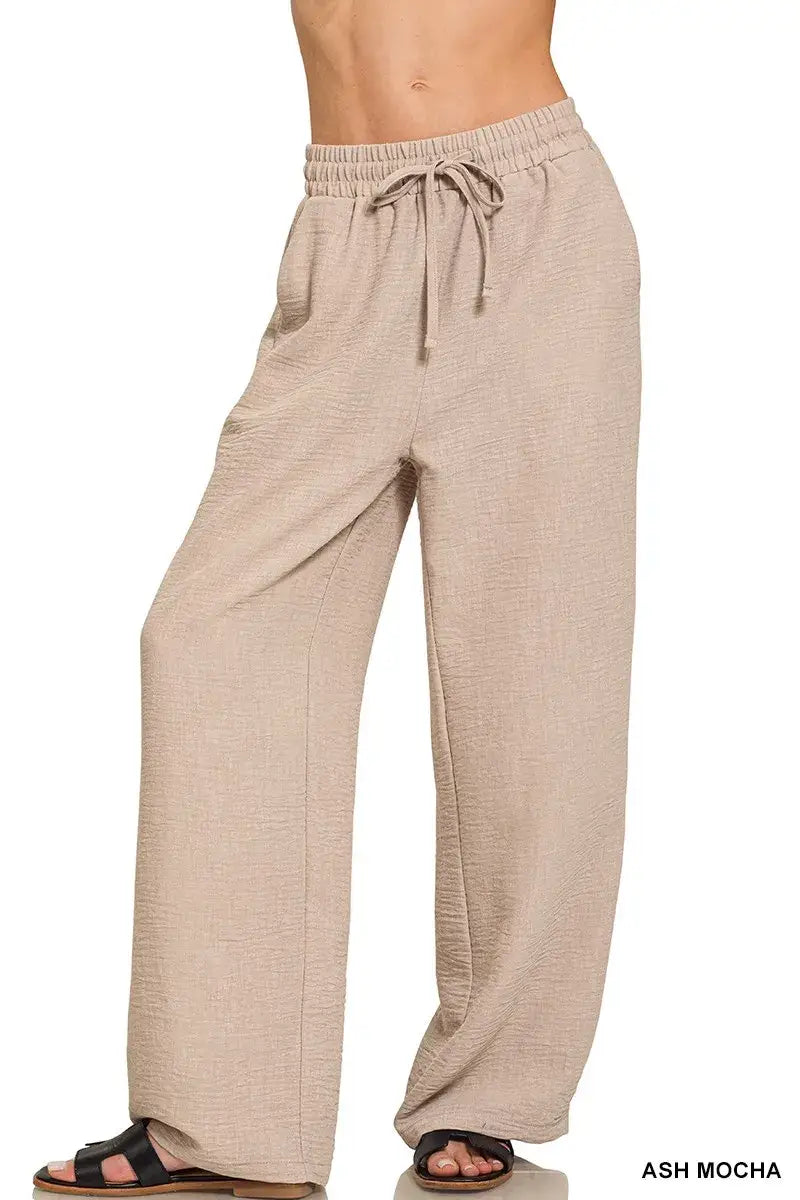 Zenana Woven Crepe Elastic Band Pants - ASH MOCHA / S