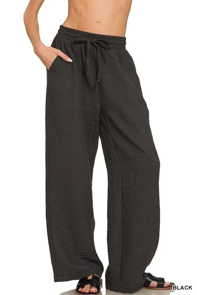 Zenana Woven Crepe Elastic Band Pants - BLACK / S