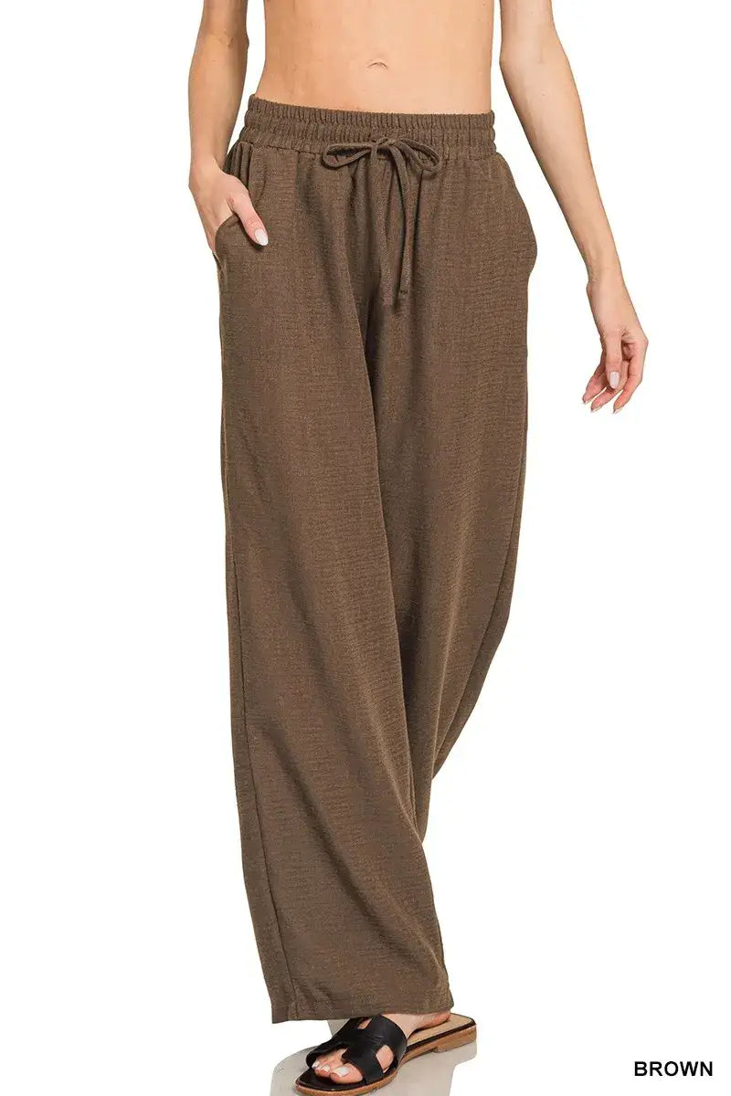 Zenana Woven Crepe Elastic Band Pants - BROWN / S
