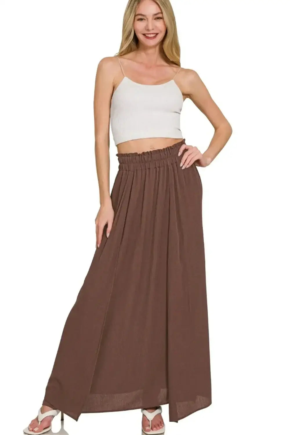 Brown Zenana woven crinkle gauze long skirt with high waist, side slit, and elastic waistband
