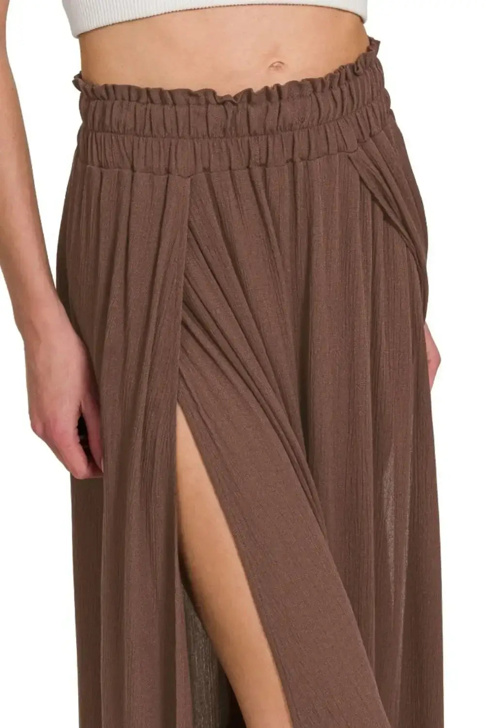 Brown Zenana woven crinkle gauze long skirt with pleats, side slit, and elastic waist