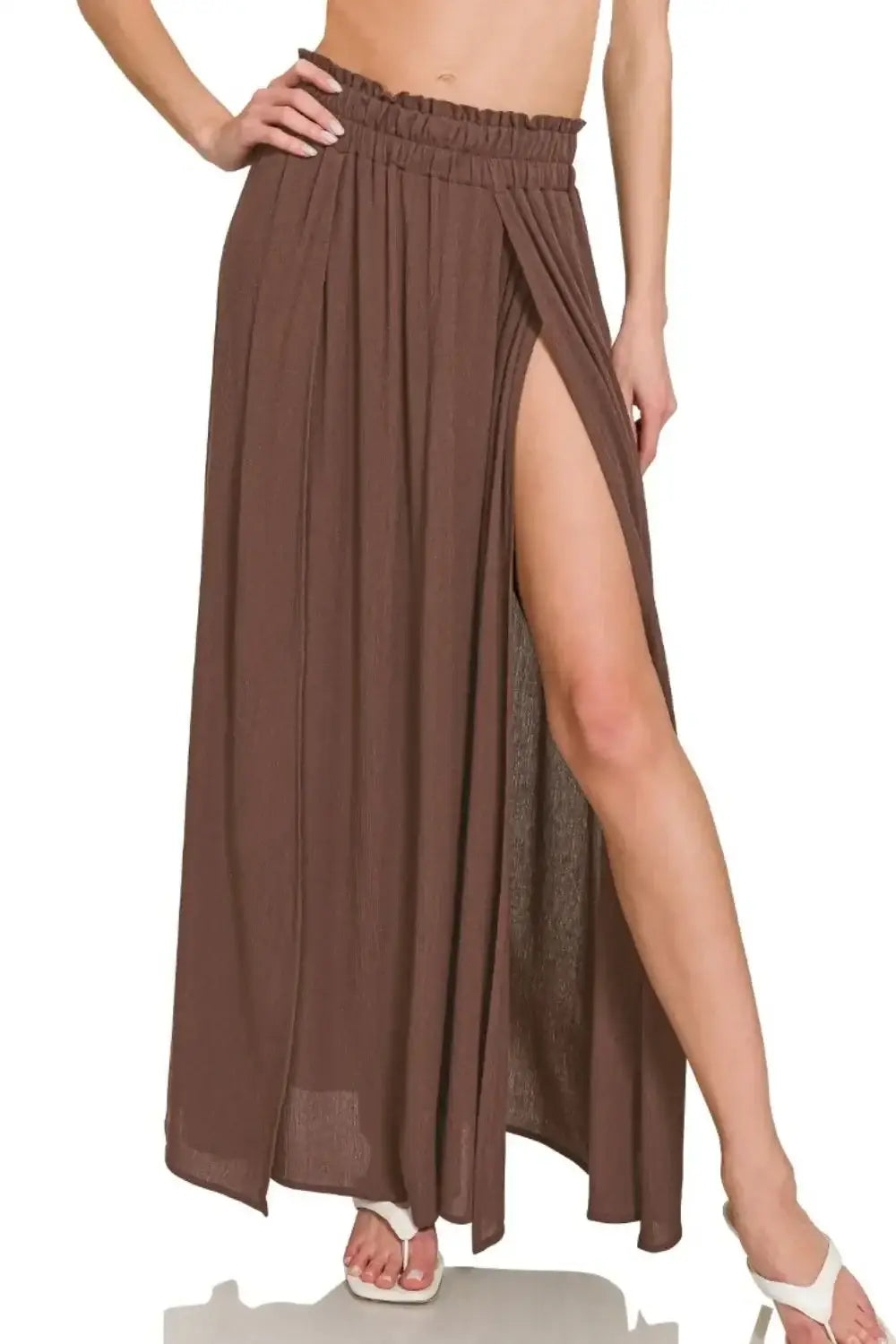 Brown Zenana woven crinkle gauze long skirt with high slit and elastic waistband