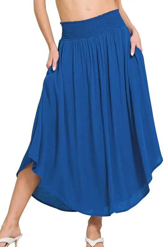 Zenana Woven Crinkle Smocked Waist Maxi Skirt W Pockets - CLASSIC BLUE / S