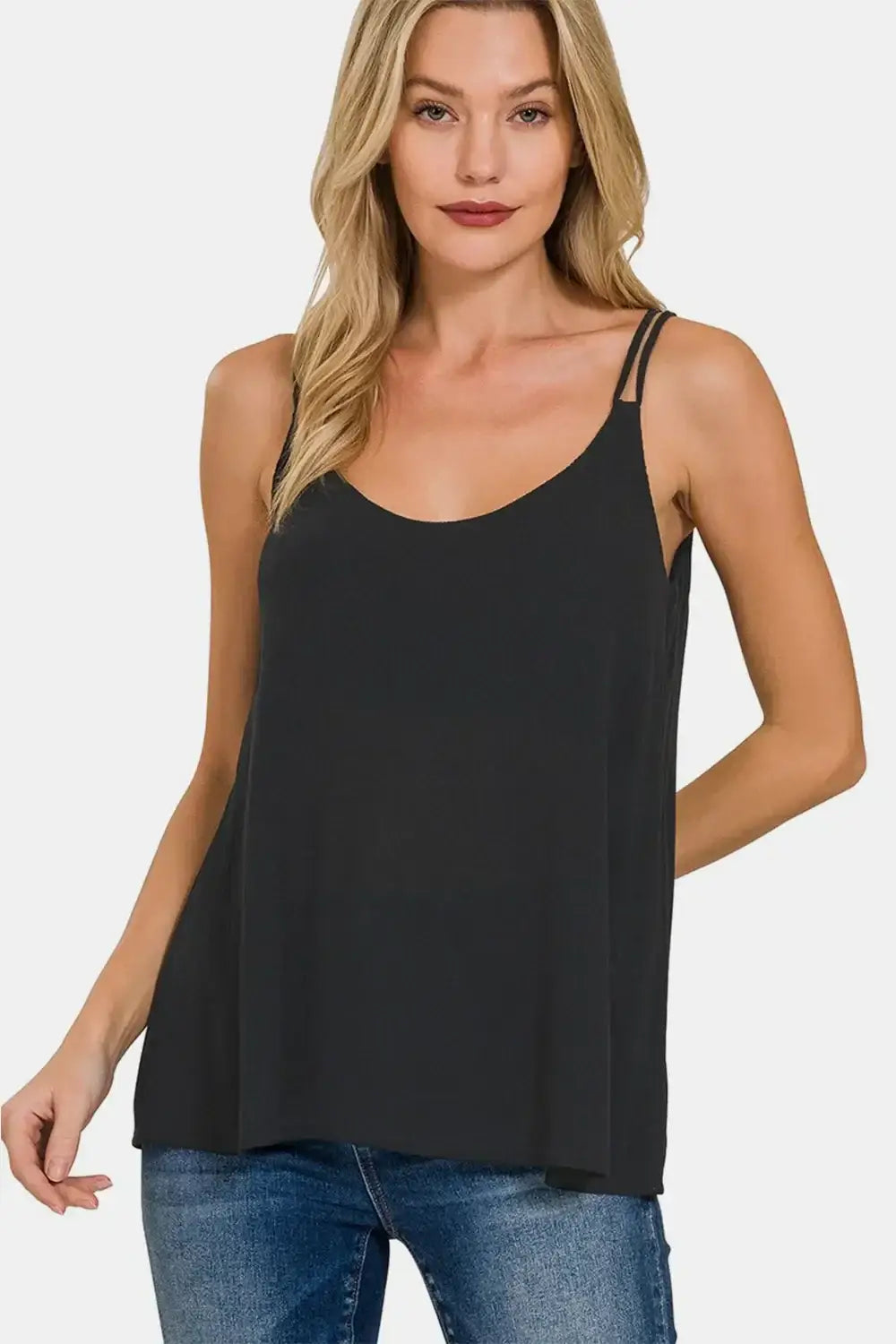 Zenana Woven Double Spaghetti Strap V-Neck Cami - BLACK / S
