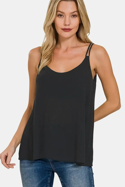 Zenana Woven Double Spaghetti Strap V-Neck Cami - BLACK / S