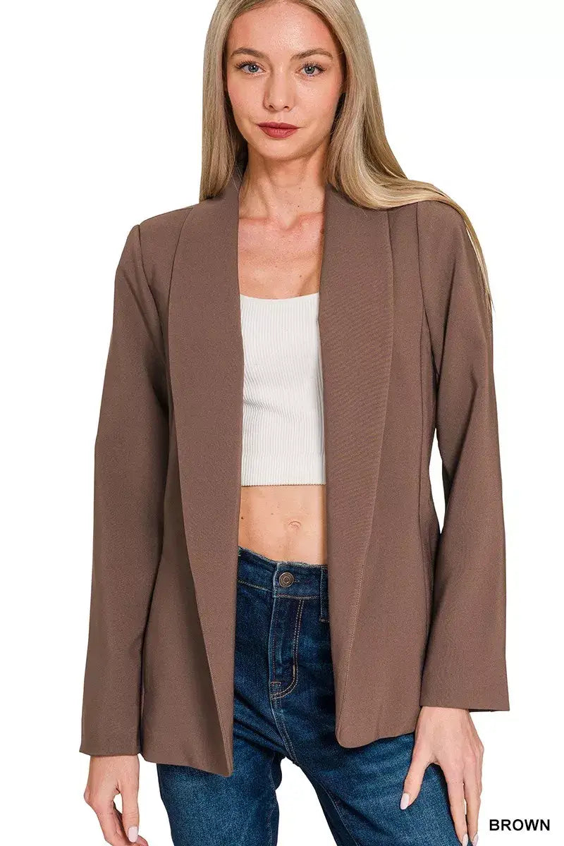 Zenana Woven Long Sleeve Blazer With Lining - BROWN / S
