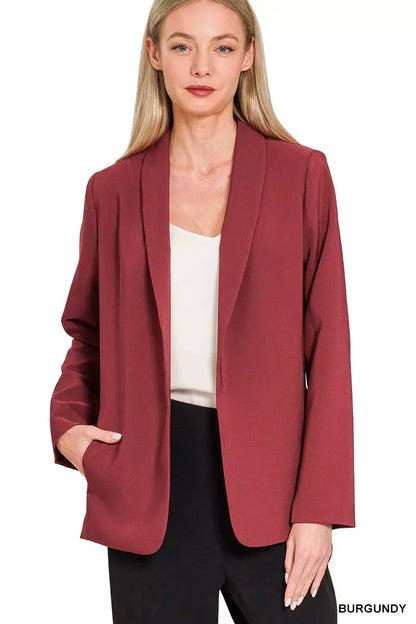 Zenana Woven Long Sleeve Blazer With Lining - BURGUNDY / S - Blazer With Lining
