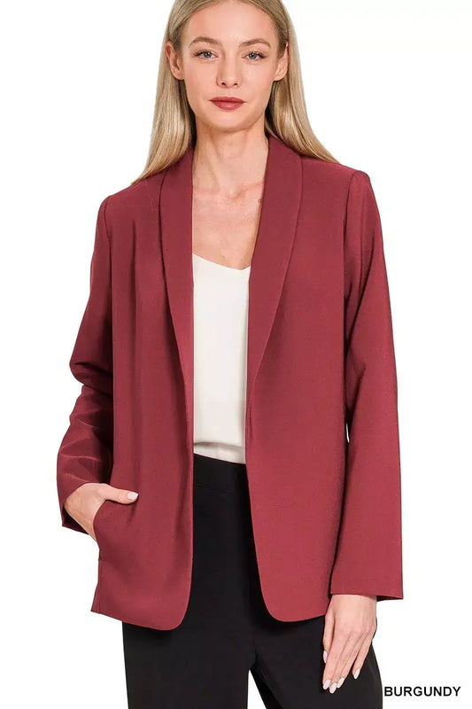 Zenana Woven Long Sleeve Blazer With Lining - BURGUNDY / S - Blazer With Lining