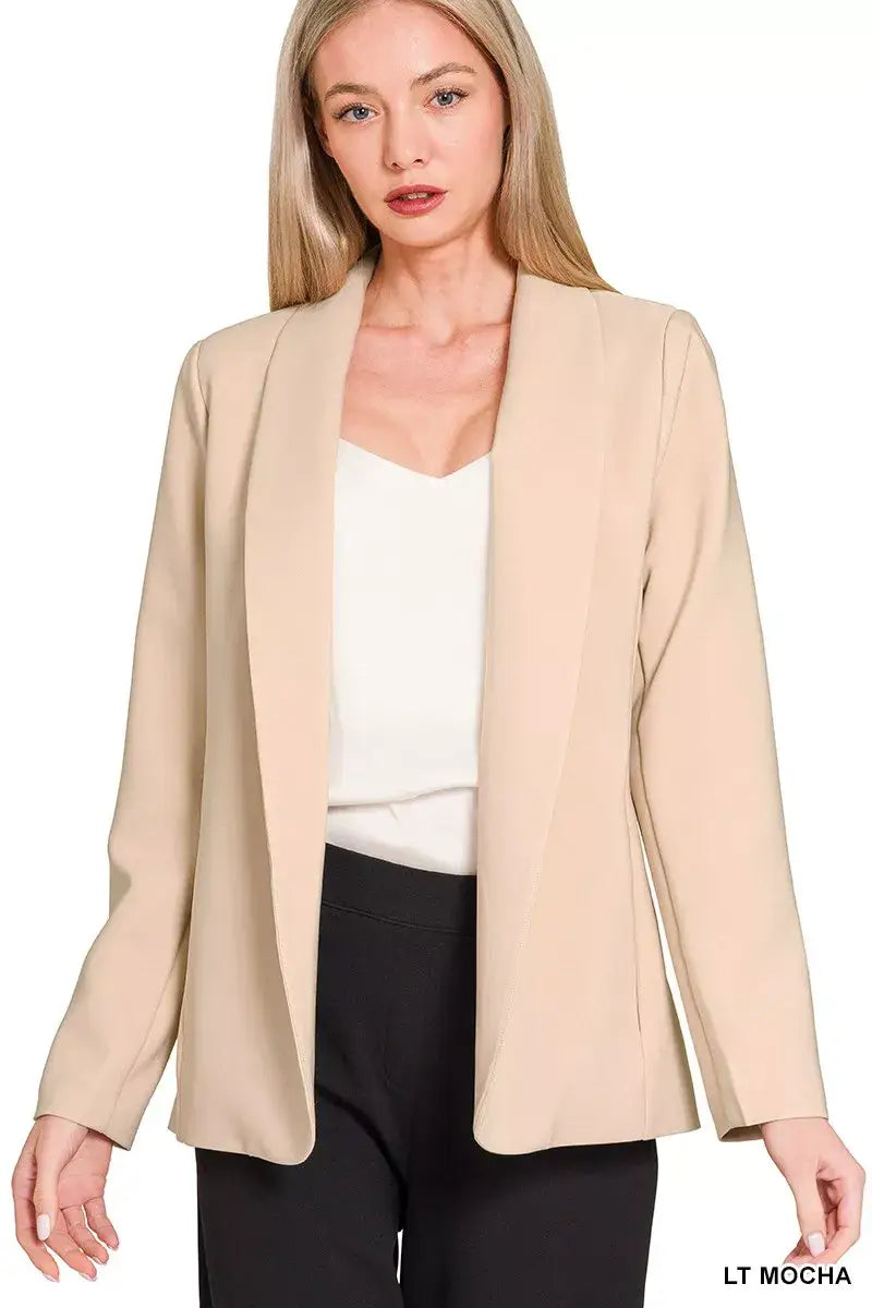 Zenana Woven Long Sleeve Blazer With Lining - LT MOCHA / S
