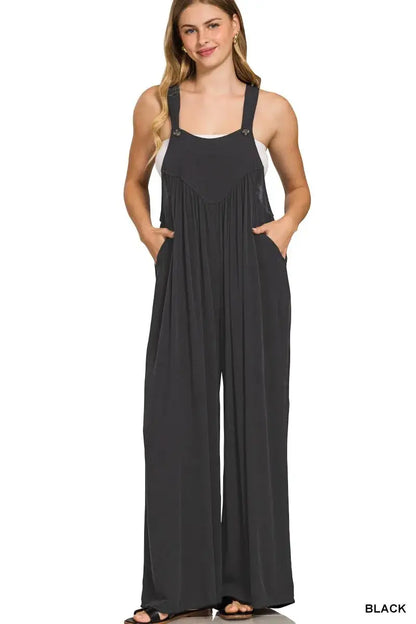 Zenana Woven Rayon Crepe Wide Leg Overalls - BLACK / S