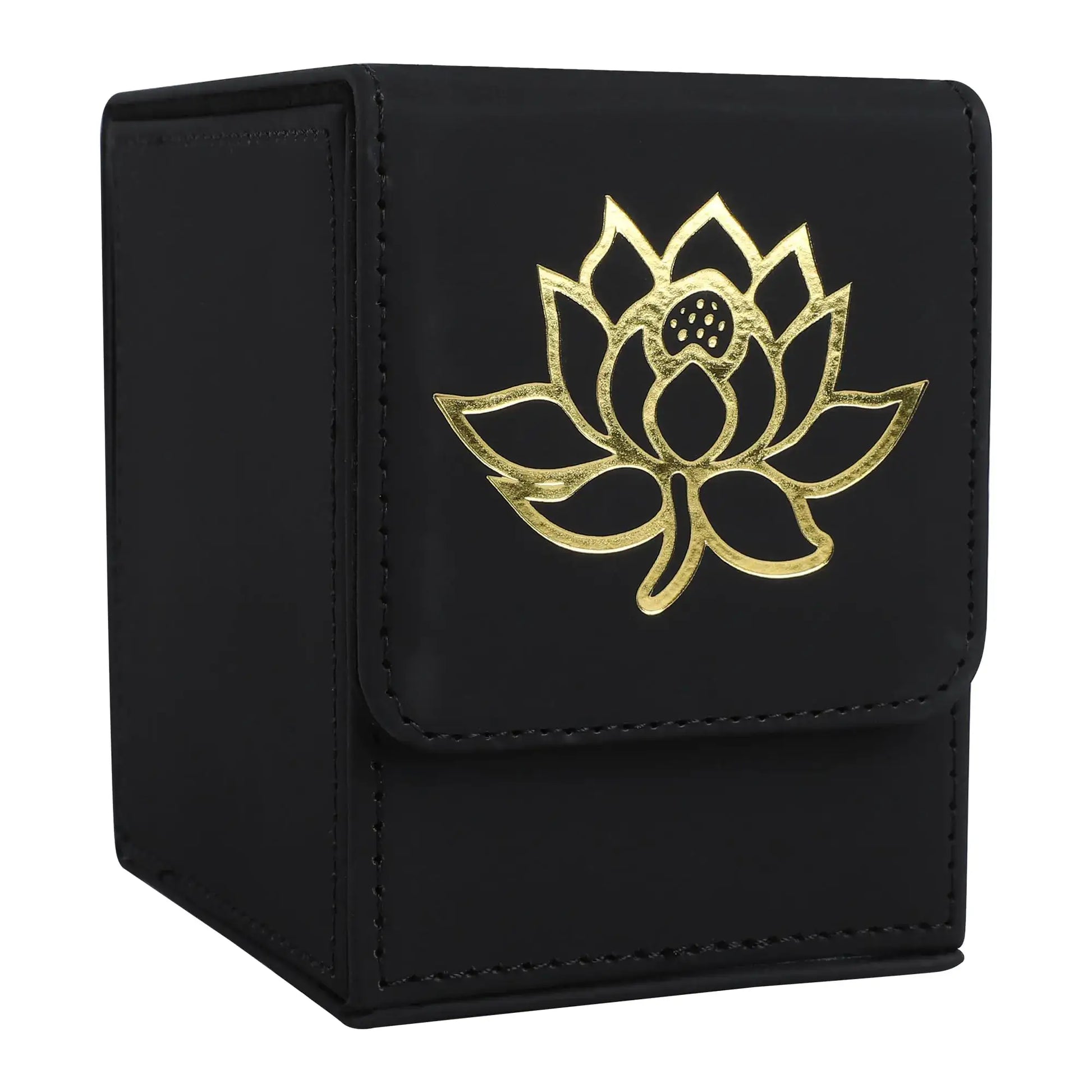 Black storage deck box with gold lotus design fits 100+ double-sleeved cards for Magic and YuGiOh