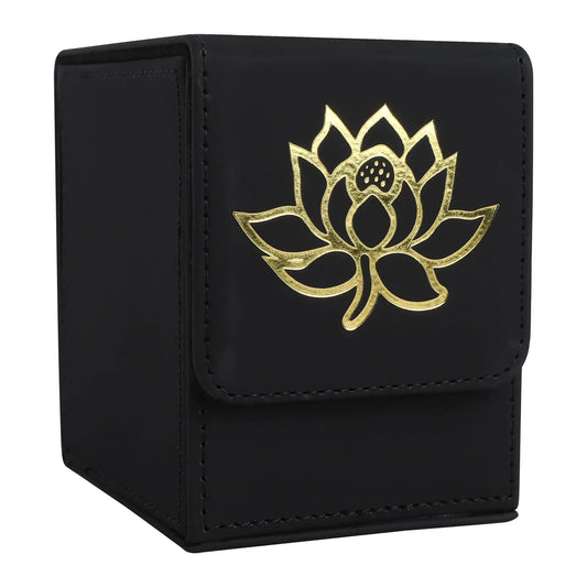 Black storage deck box with gold lotus design for large capacity card deck storage