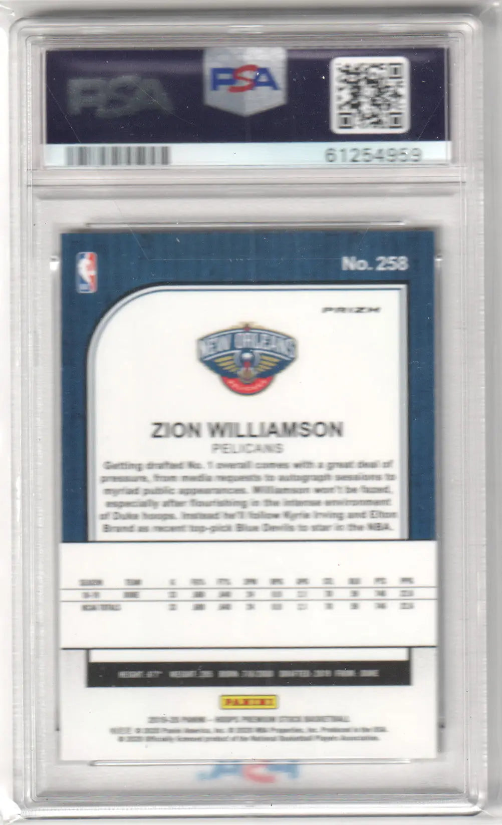Zion Williamson basketball card from Panini Hoops 2019-20, Columbia Hobby graded PSA 9