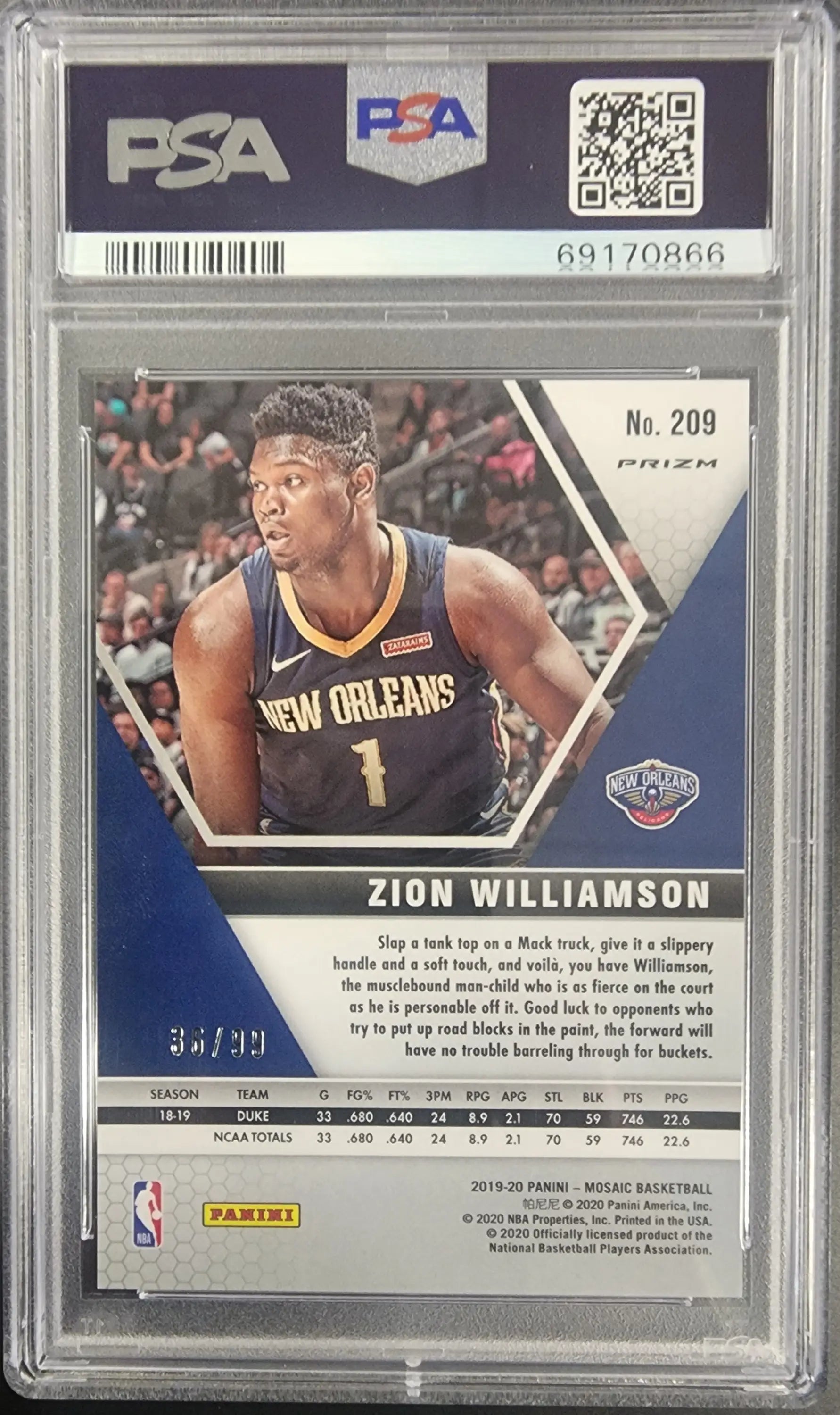Zion Williamson 2019 Panini Mosaic #209 Blue Mosaic #36/99 PSA 10 Gem Mint - Singles