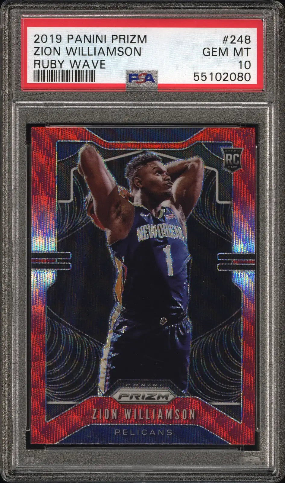 Graded Zion Williamson 2019 Panini Prizm Ruby Wave rookie card in PSA 10 Gem Mint