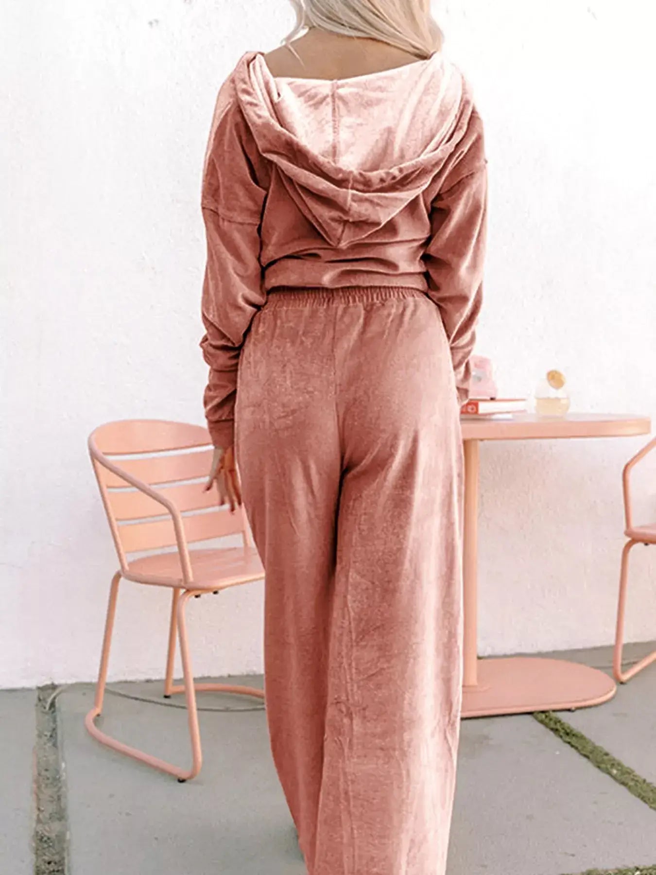 Zip Up Dropped Shoulder Hooded Top and Pants Set - Top and Pants Set